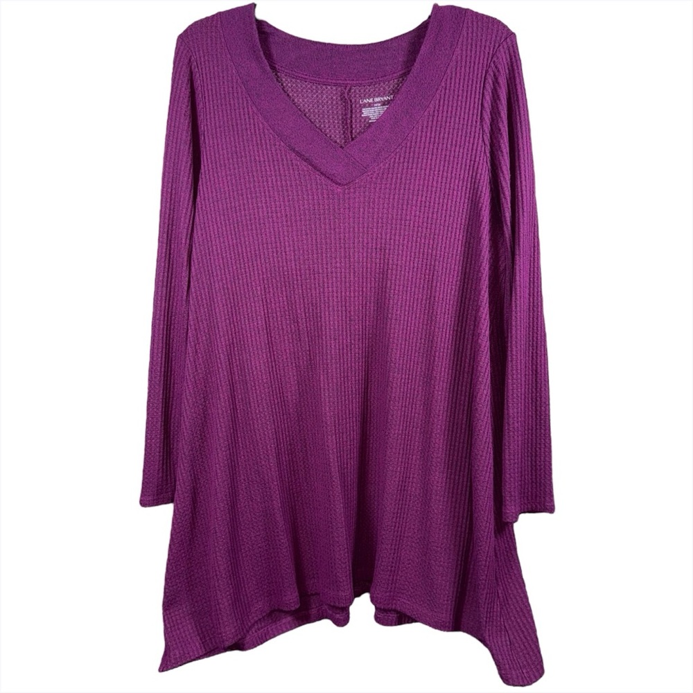 Lane Bryant Waffle Knit V-Neck Tunic Top Purple 14/16 Cozy Stretch Long Sleeve